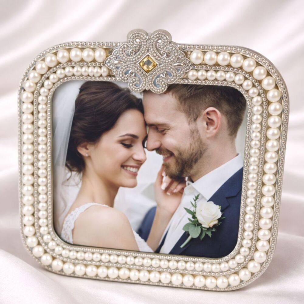 Pearl & Rhinestone Silver Metal Photo Frame Bridal Wedding Gift Luxe Decor